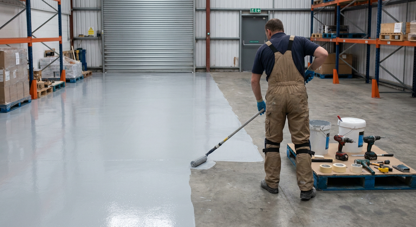 Worker applying self-levelling epoxy resin with a roller in a warehouse