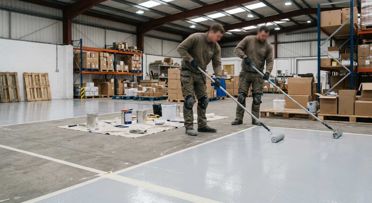Two workers using rollers to apply epoxy coating on a warehouse floor near racking.