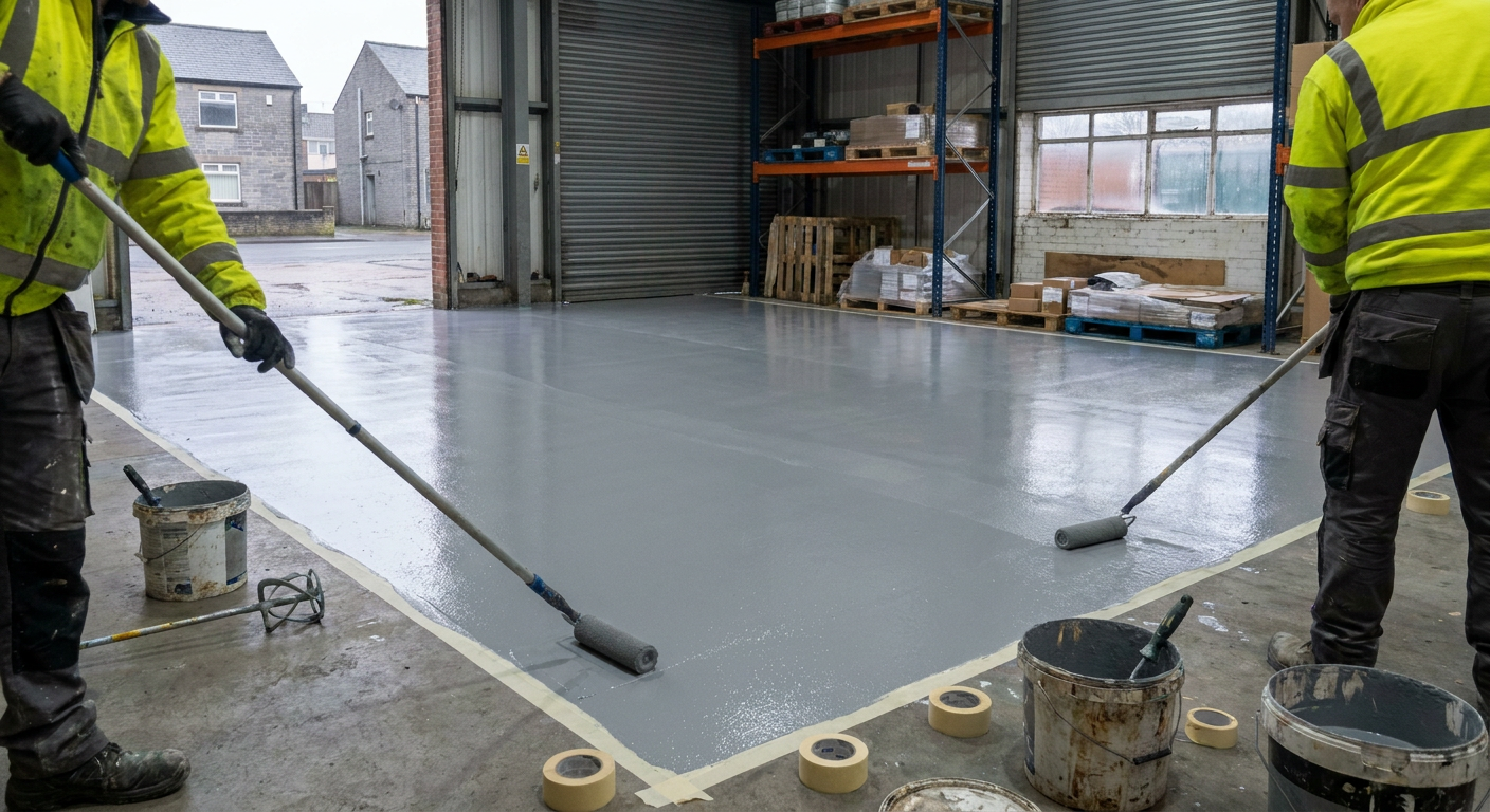Two workers in hi-vis applying grey epoxy resin floor coating in a warehouse unit